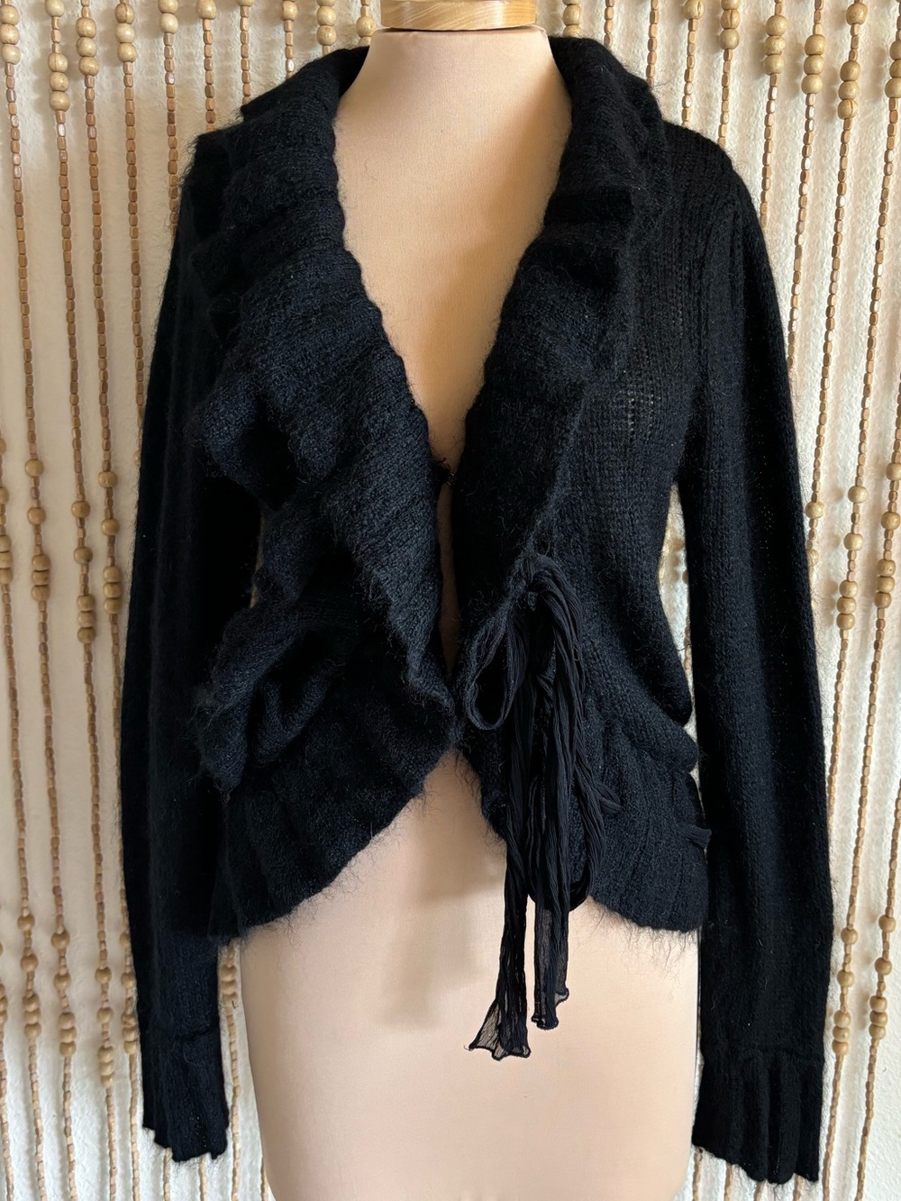 BCBGMaxazria Y2K Vintage Mohair Wool Black Ruffle Collar Bow Whimsygoth Sweater